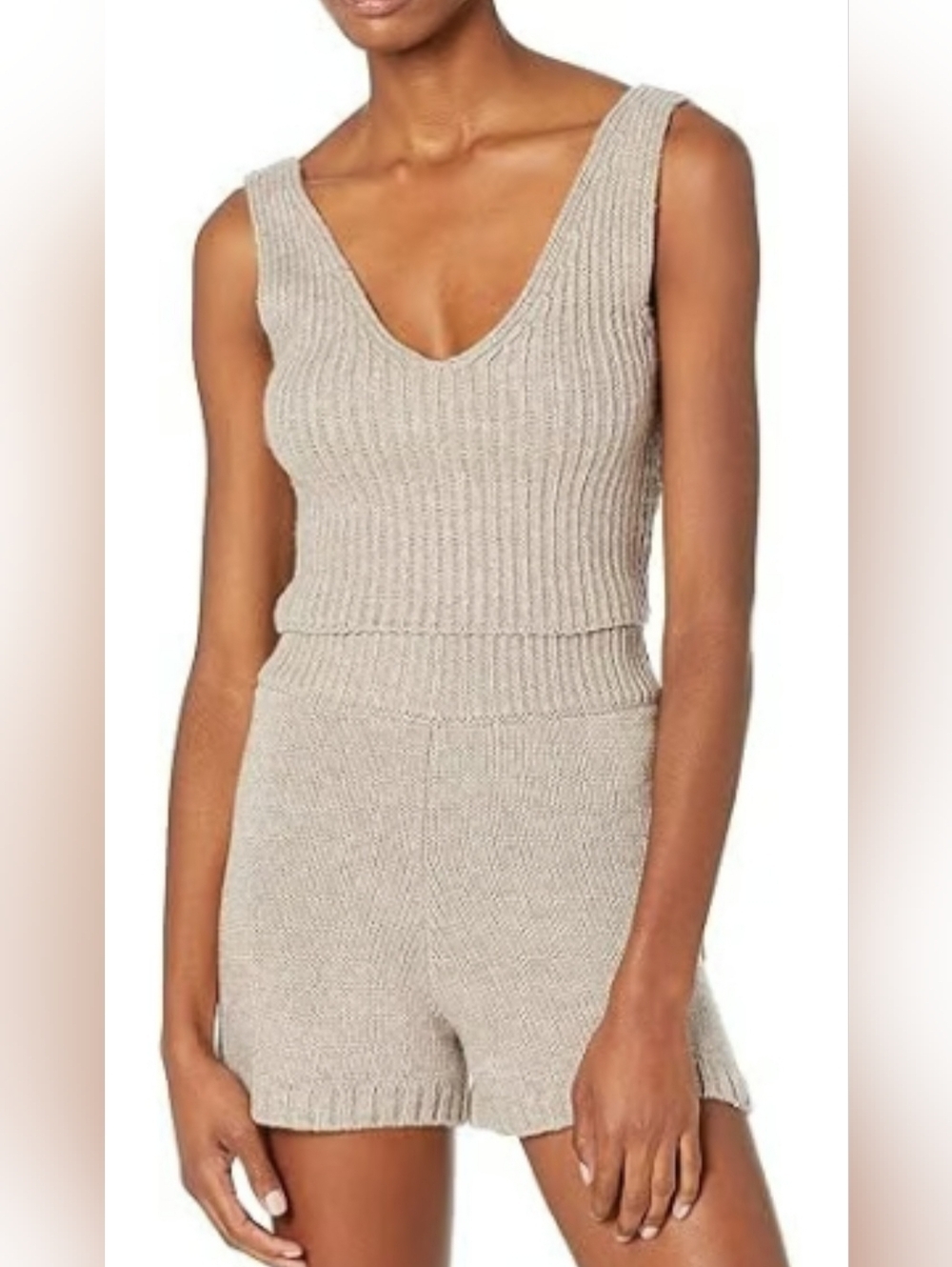 The Drop Sylvie Double V-Neck Textured Rib Cropped Sweater Tank- In Beige